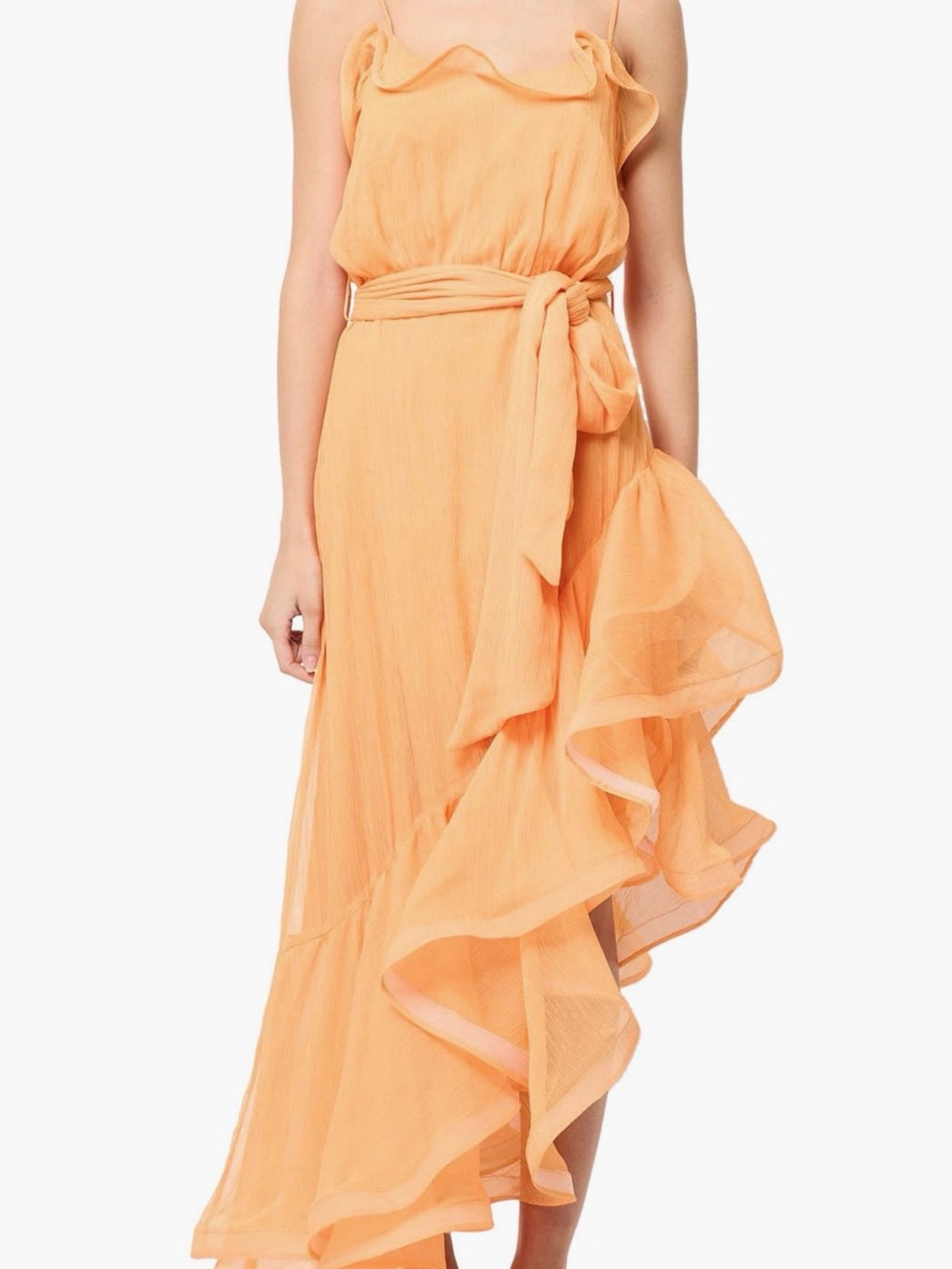 Elliate Maldives Ruffle Trim Maldives Asymmetric Midi Dress in Mango / Tange